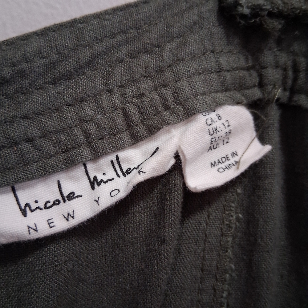 Nicole Miller Linen Jumpsuit Overalls Oversized Relaxed Crop Leg Olive Size 8 - Picture 5 of 8